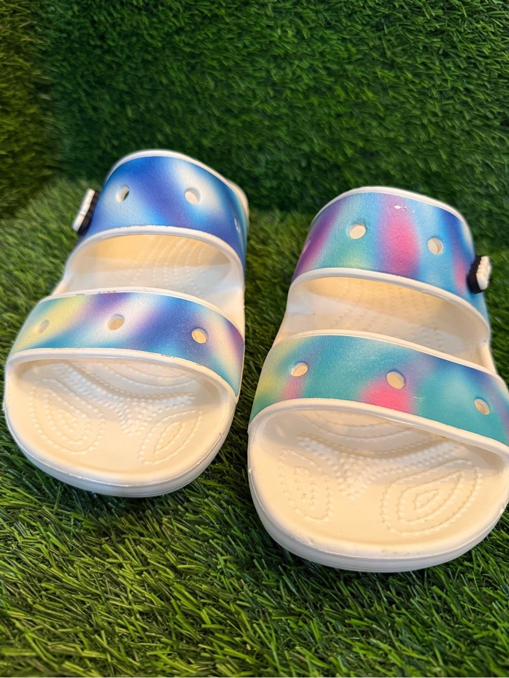 Crocs unisex solar system Metallic Slide Sandals - White Base men 7. Women 9